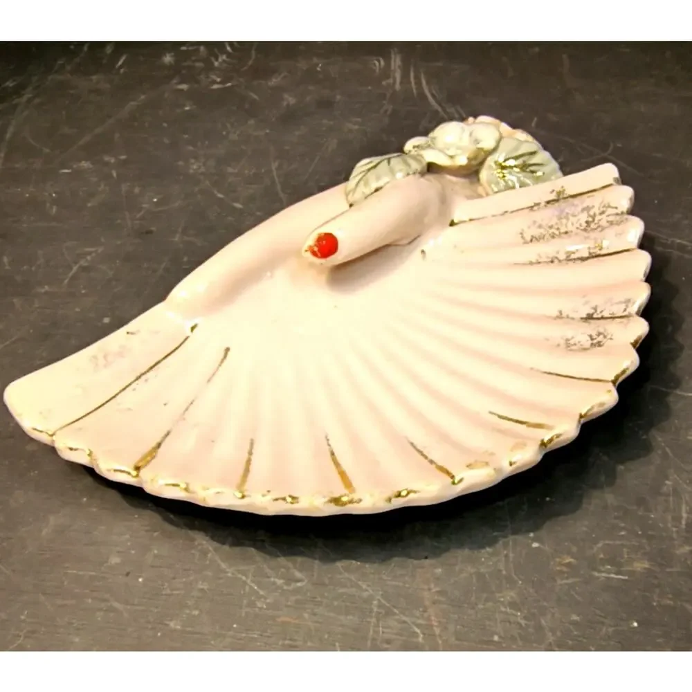 1961.  Vintage Pink Porcelain MCM Hand and Fan Jewelry Trinket Tray Decor